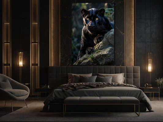 Schwarzer Panther mit intensivem Blick im Dschungel als atmosphärische Wandkunst im Schlafzimmer – ruhige Spannung und weiche Kontraste für eine edle Raumwirkung