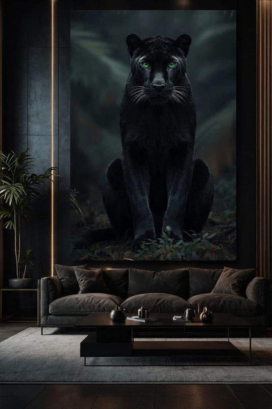 Panther mit grünen Augen Leinwand als große Wandkunst in elegantem Wohnzimmer über einem Sofa an dunkler Wand
