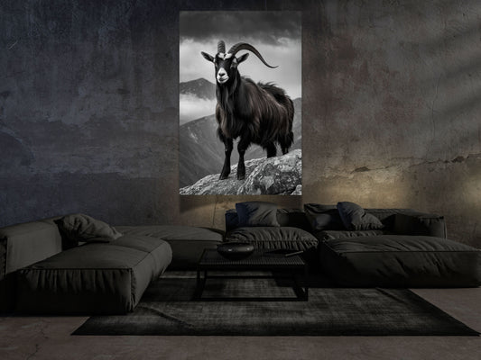 Schwarzer Widder als Dark Fantasy Wandbild im minimalistischen Wohnraum