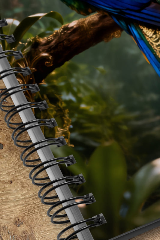 Spiralnotizbuch mit Detailaufnahme der hochwertigen Spiralbindung sowie des schillernden exotischen Vogels vor tropischer Regenwaldkulisse.