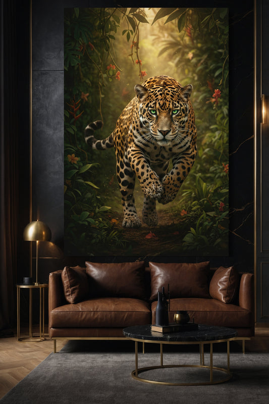 Großformatige Jaguar Leinwand in modernem Wohnzimmer mit braunem Ledersofa und dunkler Wand