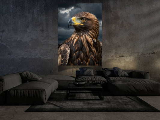 Steinadler Dark Fantasy Poster als großformatige Wandkunst im modernen Wohnraum mit ruhiger Architektur