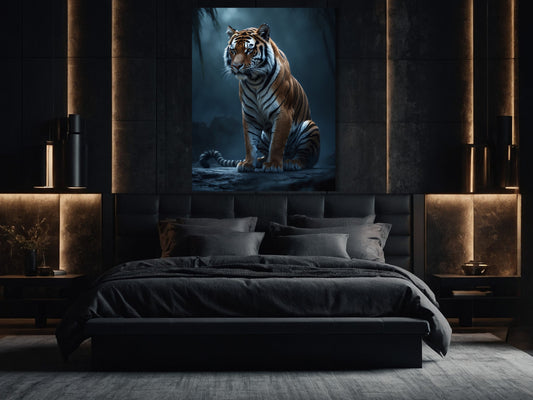 Tiger Dark Fantasy Tier Wandkunst Leinwand 32x48 über dem Bett in ruhigem Schlafzimmer Interieur