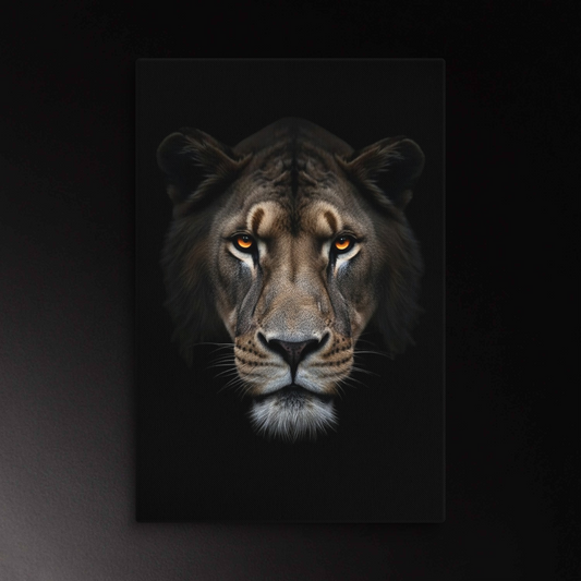 Tiger Wandkunst auf Leinwand mit dunklem Hintergrund und ruhigem, frontalem Blick