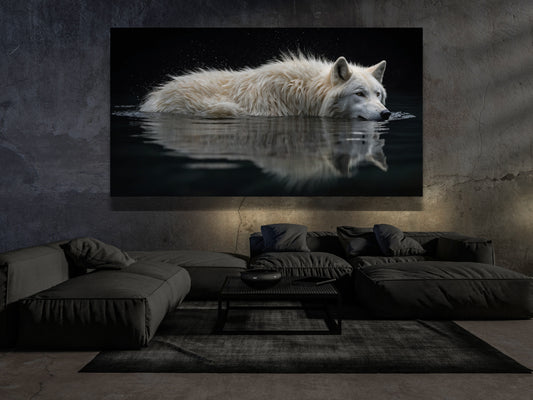 Weißer Wolf im dunklen Wasser als großformatiges 70x100 cm Poster über modernem Sofa im ruhigen Wohnzimmer