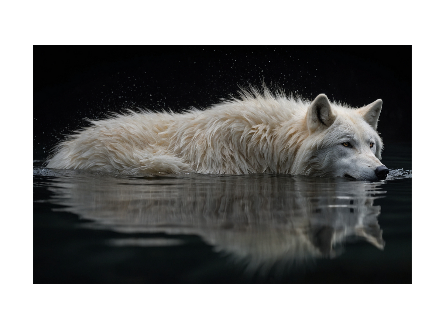 Freigestellter weißer Wolf im Wasser mit Spiegelung und feiner Fellstruktur für hochwertige Wandbilddarstellung