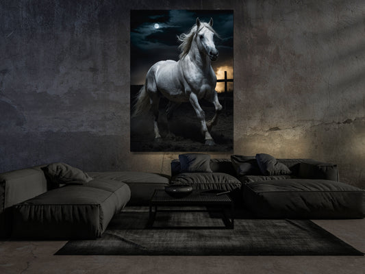 Weißes Pferd im Mondlicht als ruhiges Dark Fantasy Wandbild über Sofa.