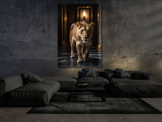 Dark Fantasy Löwin Wandbild im eleganten Wohnzimmer – Großformat mit dunkler Atmosphäre
