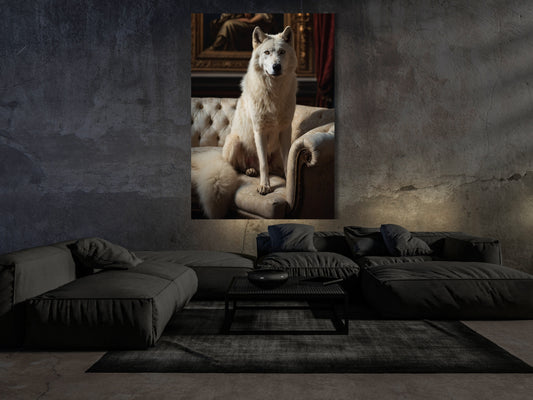 Dark Fantasy Wandbild mit weißem Wolf über Sofa im stilvollen Wohnzimmer – Großformat.