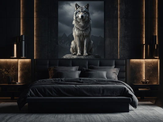 Dark Fantasy Wolf Leinwandbild über dem Bett im Schlafzimmer – Wolf auf Felsen im Nebelgebirge