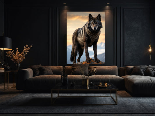 Dark Fantasy Wolf Wandkunst auf dem Bergkamm im modernen Wohnzimmer – großformatiges Wolfmotiv mit ruhiger Präsenz und atmosphärischer Bildwirkung