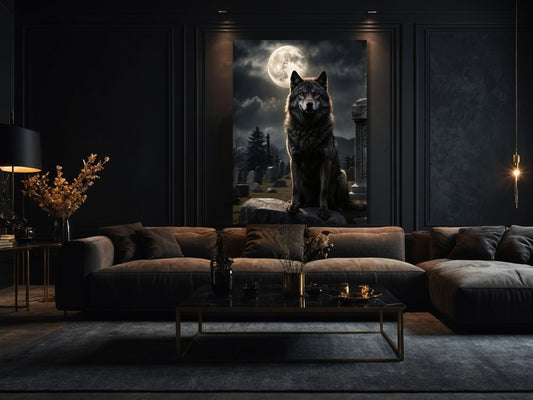 Dark Fantasy Wolf Wandkunst im Wohnzimmer mit Wolf auf Stein im Friedhof unter dramatischem Mondlicht