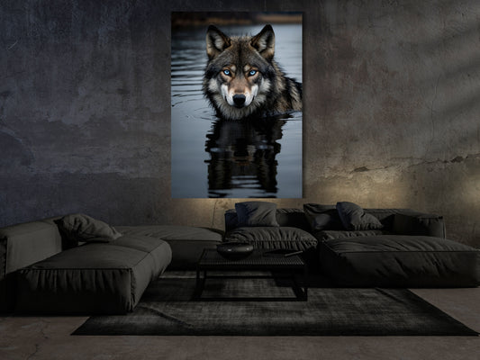 Großformatiges Wolf Wandbild im dunklen Wasser als ruhige Dark Fantasy Kunst im Wohnraum