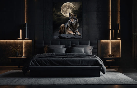 Majestätischer Wolf unter Vollmond als atmosphärische Dark Fantasy Wandkunst Leinwand im Schlafzimmer, Format 40×60 Zoll