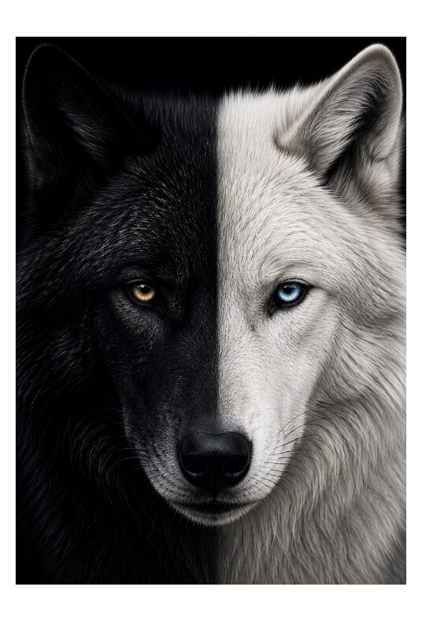 Freigestelltes Wolfsgesicht Leinwand Motiv halb schwarz halb weiß mit klarem Blick