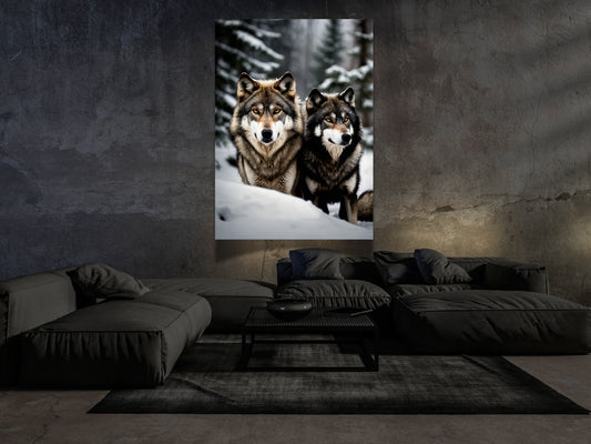 wei Wölfe im Schnee als ruhige Dark Fantasy Wandkunst im modernen Wohnraum