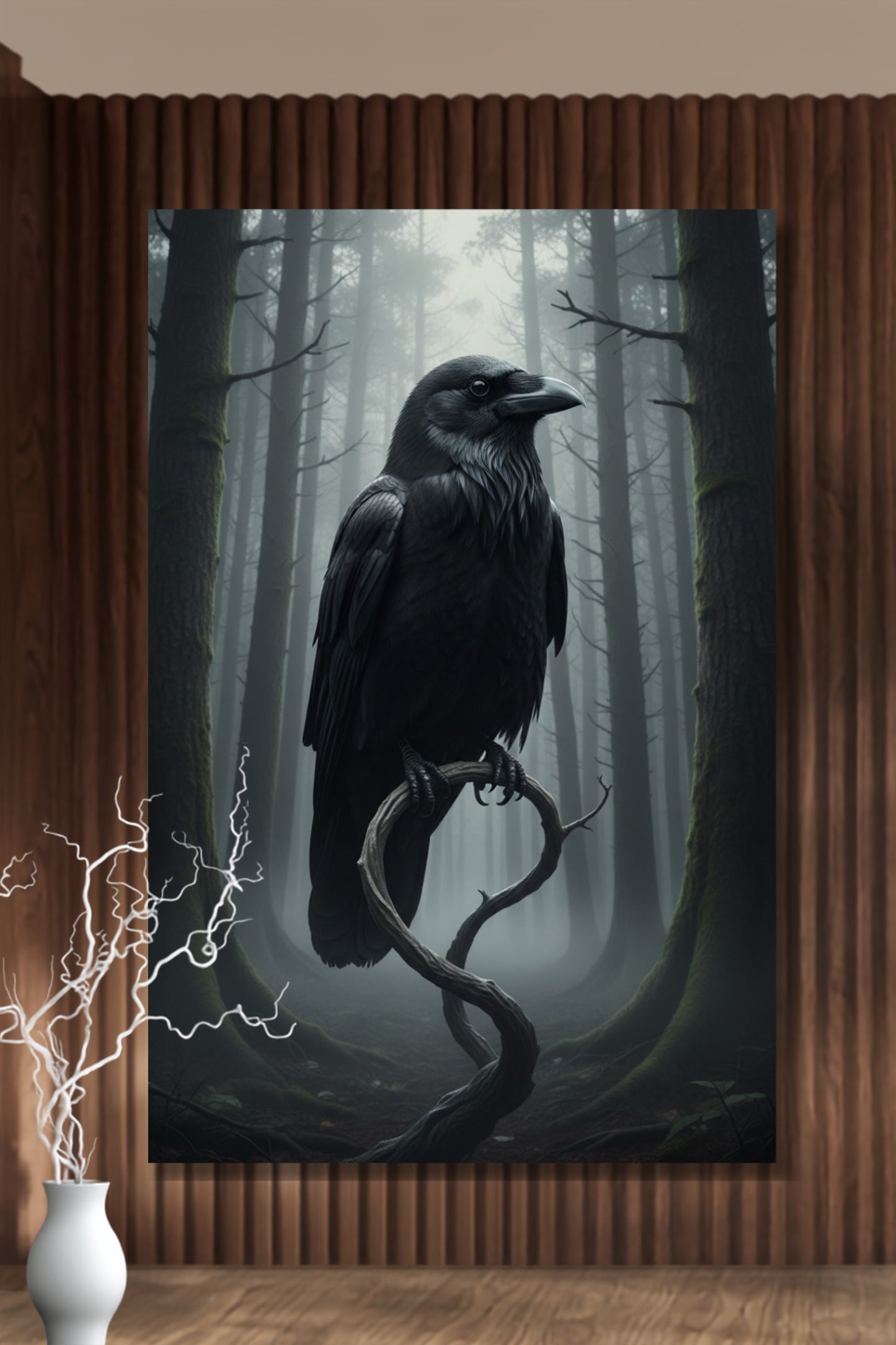 Poster einer Krähe im Nebelwald