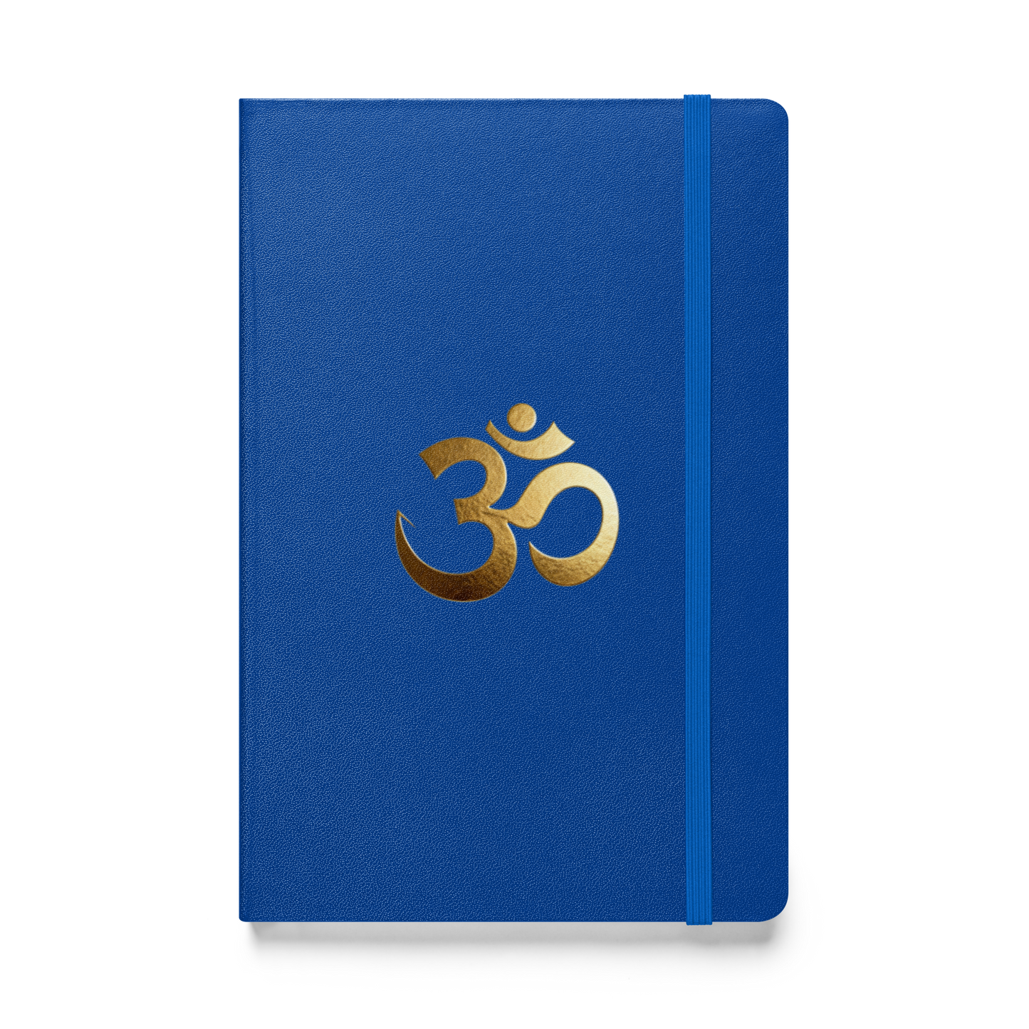 Hardcover Notizbuch mit goldenem Om-Symbol auf kobaltblauem Einband als Produktmockup mit transparenter Darstellung