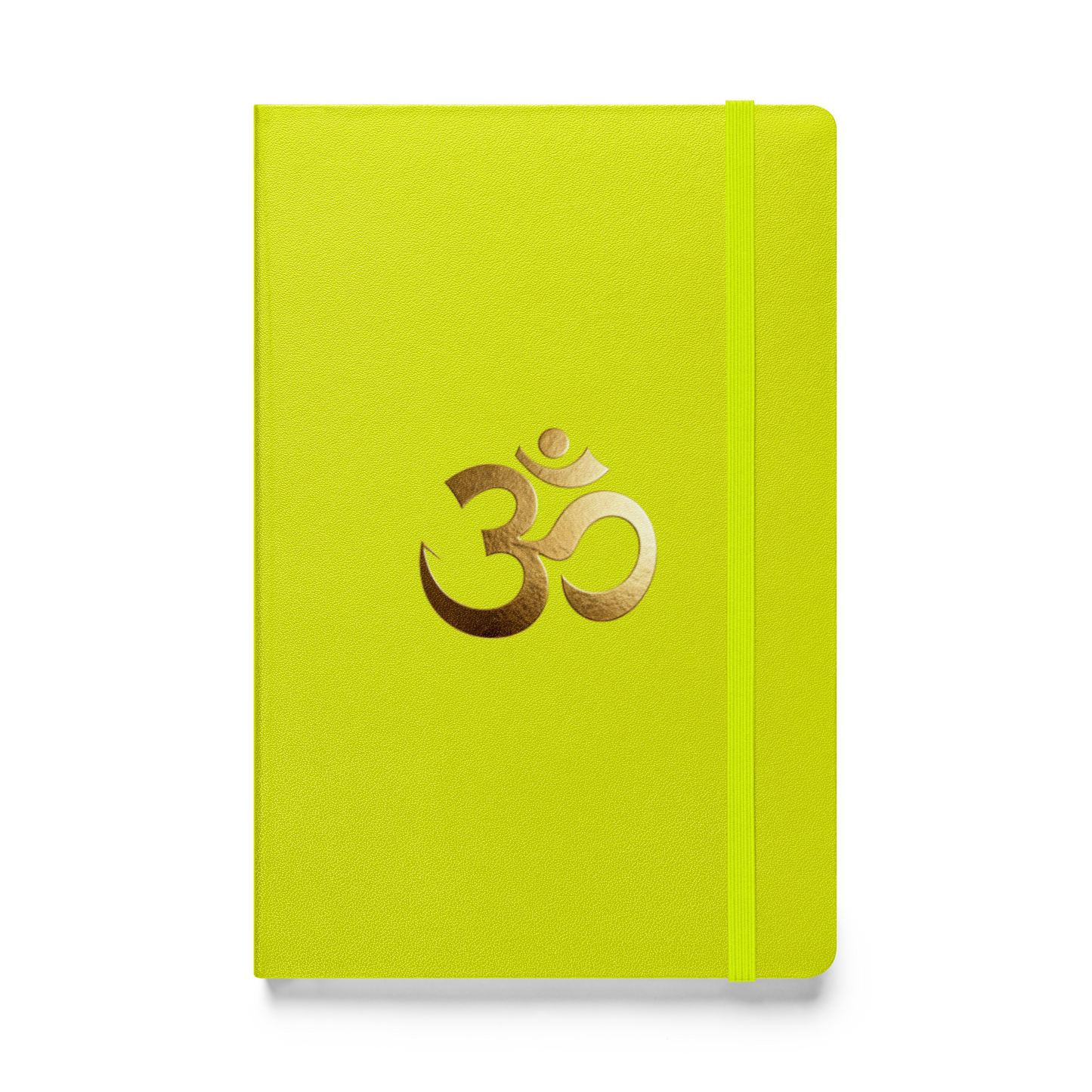 Hardcover Notizbuch mit goldenem Om-Symbol auf limettengrünem Einband als Produktmockup mit transparenter Darstellung.