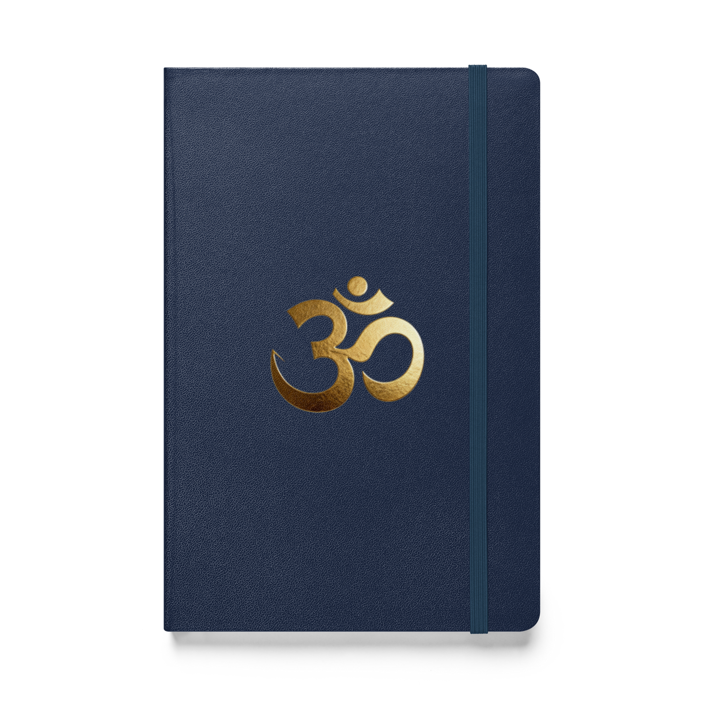 Hardcover Notizbuch mit goldenem Om-Symbol auf navyblauem Einband als Produktmockup mit transparenter Darstellung.