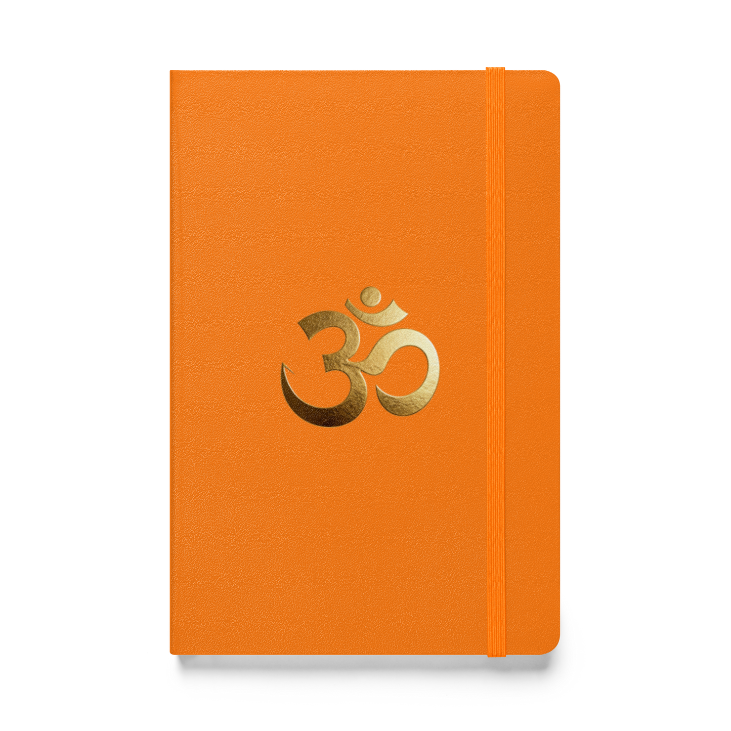 Hardcover Notizbuch mit goldenem Om-Symbol auf orangem Einband als Produktmockup mit transparenter Darstellung.