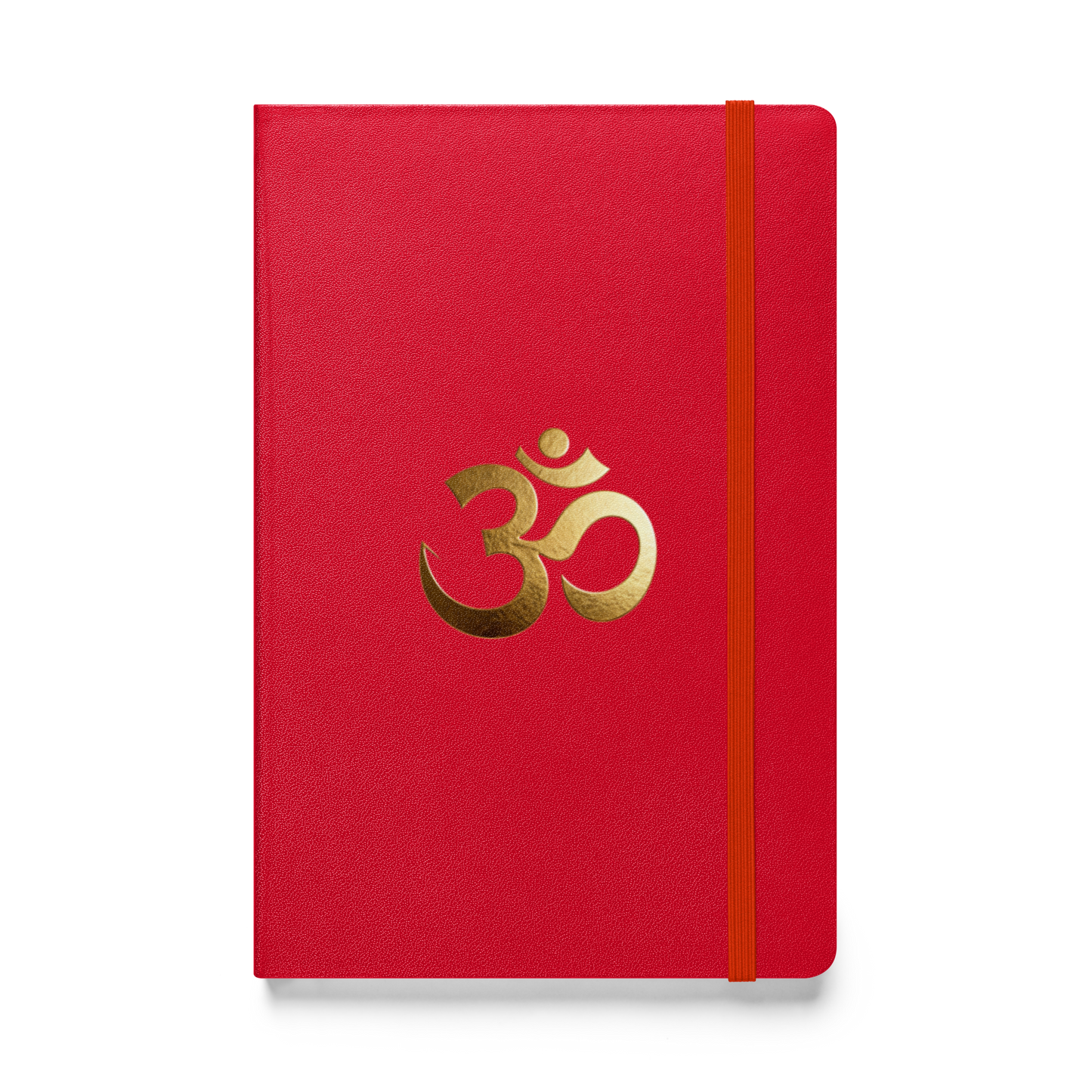 Hardcover Notizbuch mit goldenem Om-Symbol auf rotem Einband als Produktmockup mit transparenter Darstellung.