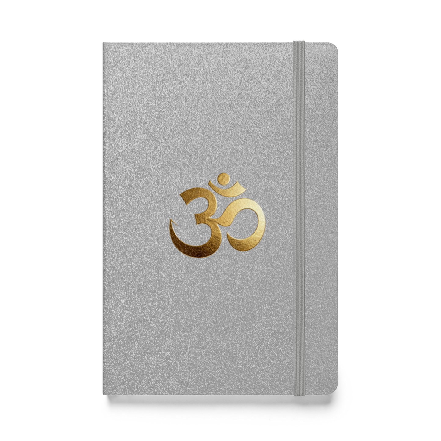 Hardcover Notizbuch mit goldenem Om-Symbol auf silberfarbenem Einband als Produktmockup mit transparenter Darstellung.