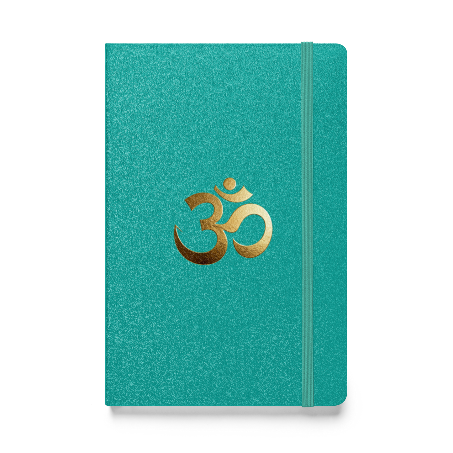 Hardcover Notizbuch mit goldenem Om-Symbol auf türkisfarbenem Einband als Produktmockup mit transparenter Darstellung.