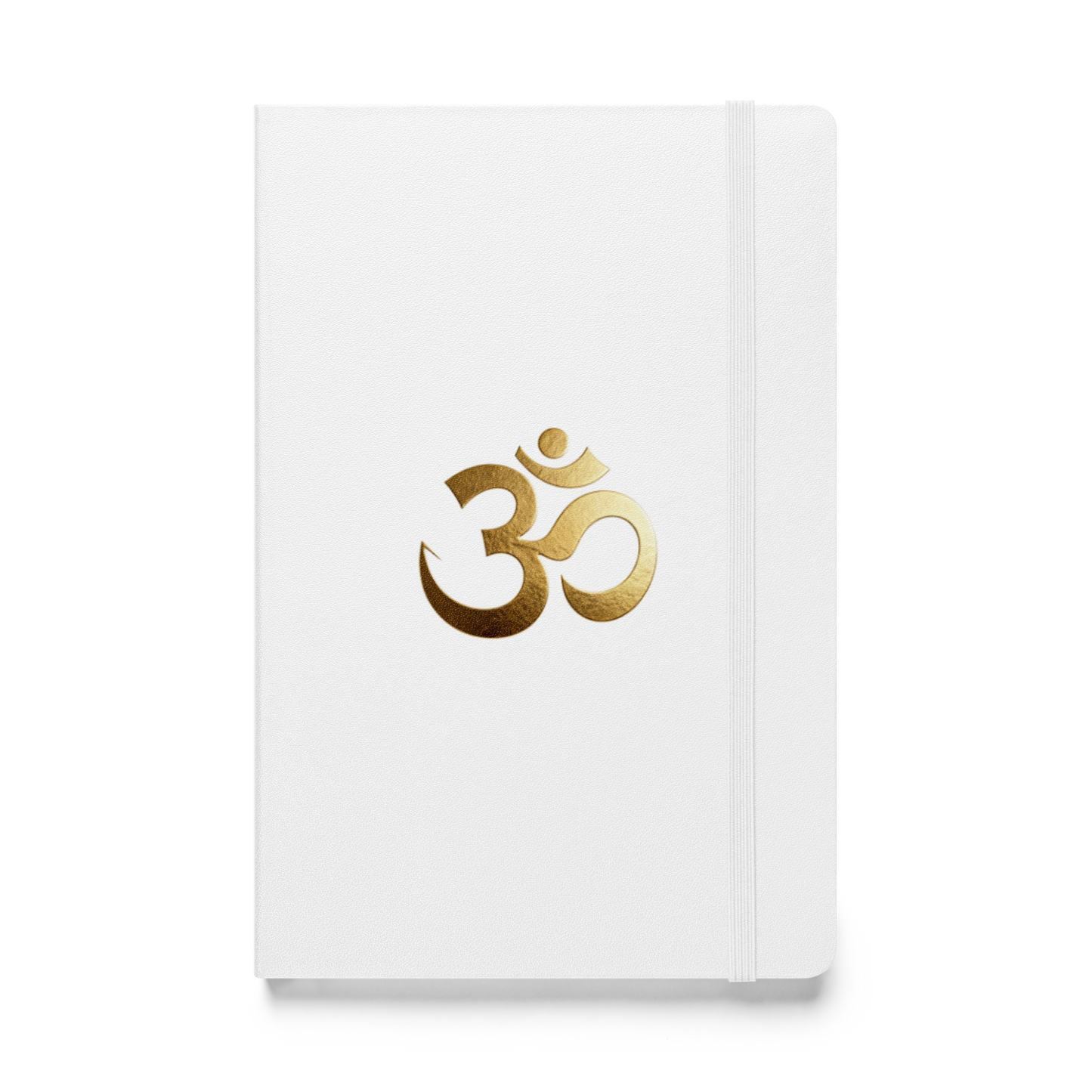 Hardcover Notizbuch mit goldenem Om-Symbol auf weißem Einband als Produktmockup mit transparenter Darstellung.