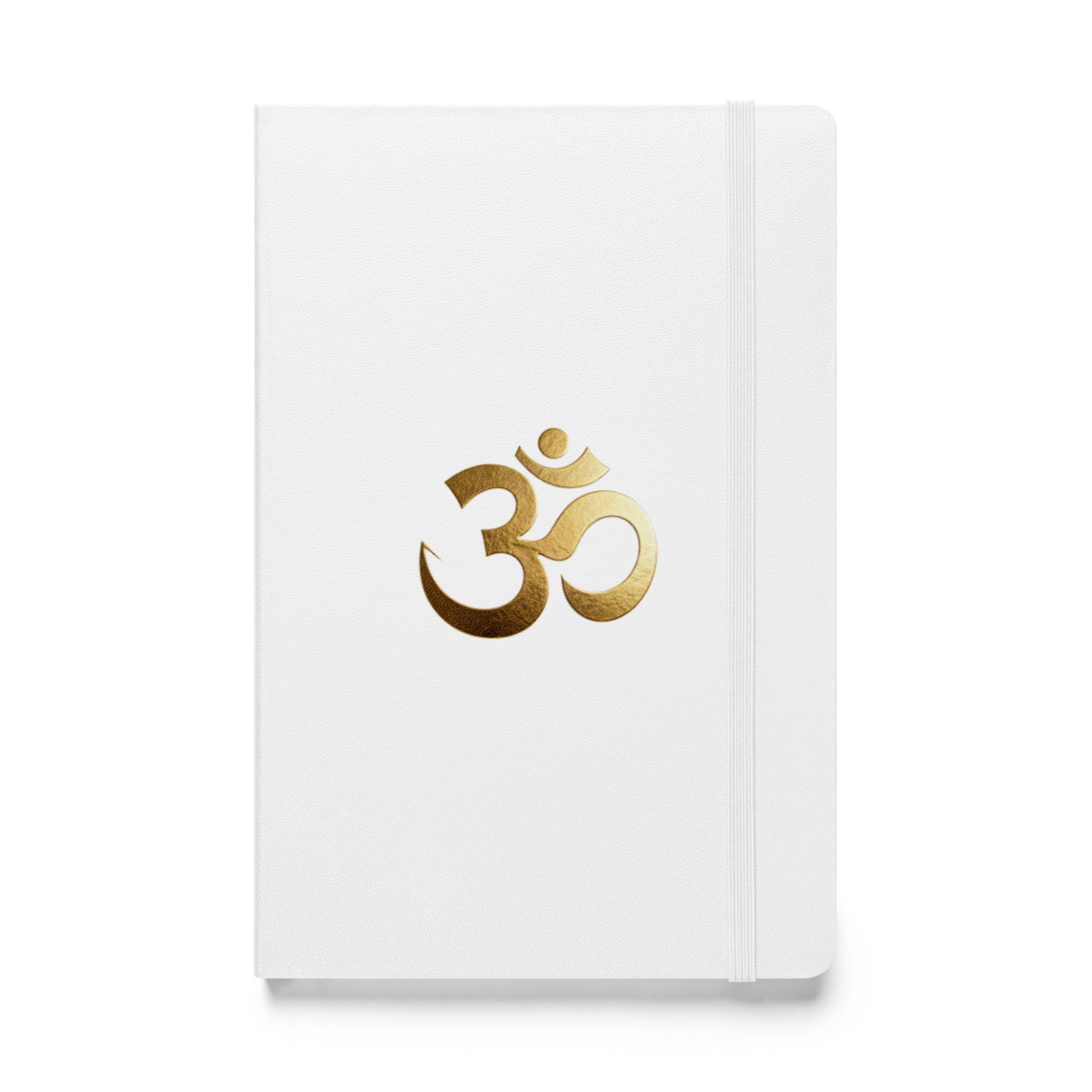 Hardcover Notizbuch mit goldenem Om-Symbol auf weißem Einband als Produktmockup mit transparenter Darstellung.