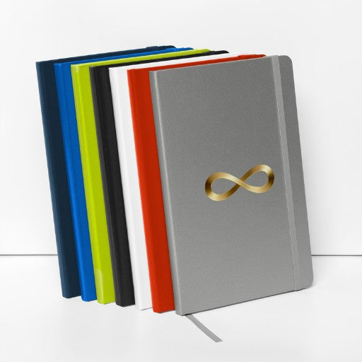 Hardcover Notizbuch mit Unendlichkeitszeichen in Goldoptik, erhältlich in verschiedenen Einbandfarben.