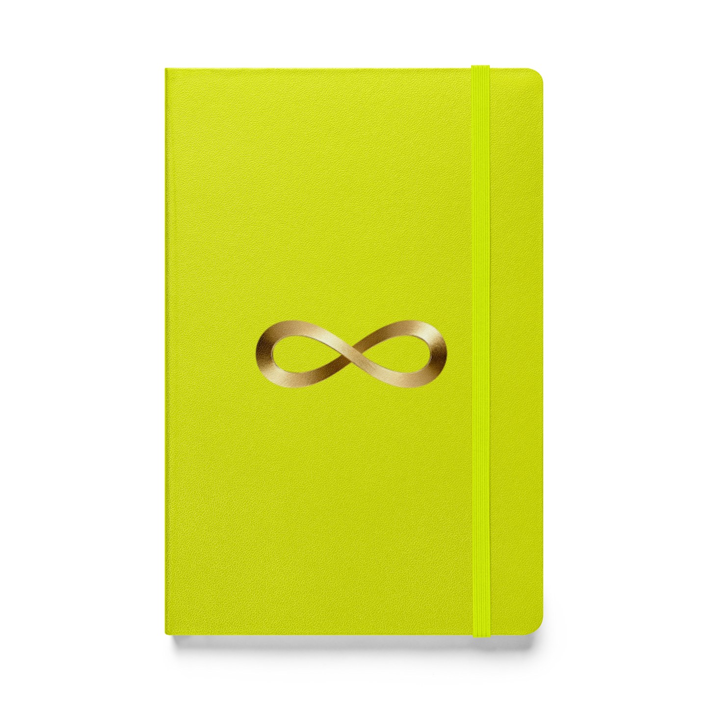 Hardcover Notizbuch mit Unendlichkeitszeichen in Goldoptik auf limettengrünem Einband, Vorderseite als Produktmockup mit transparenter Darstellung.