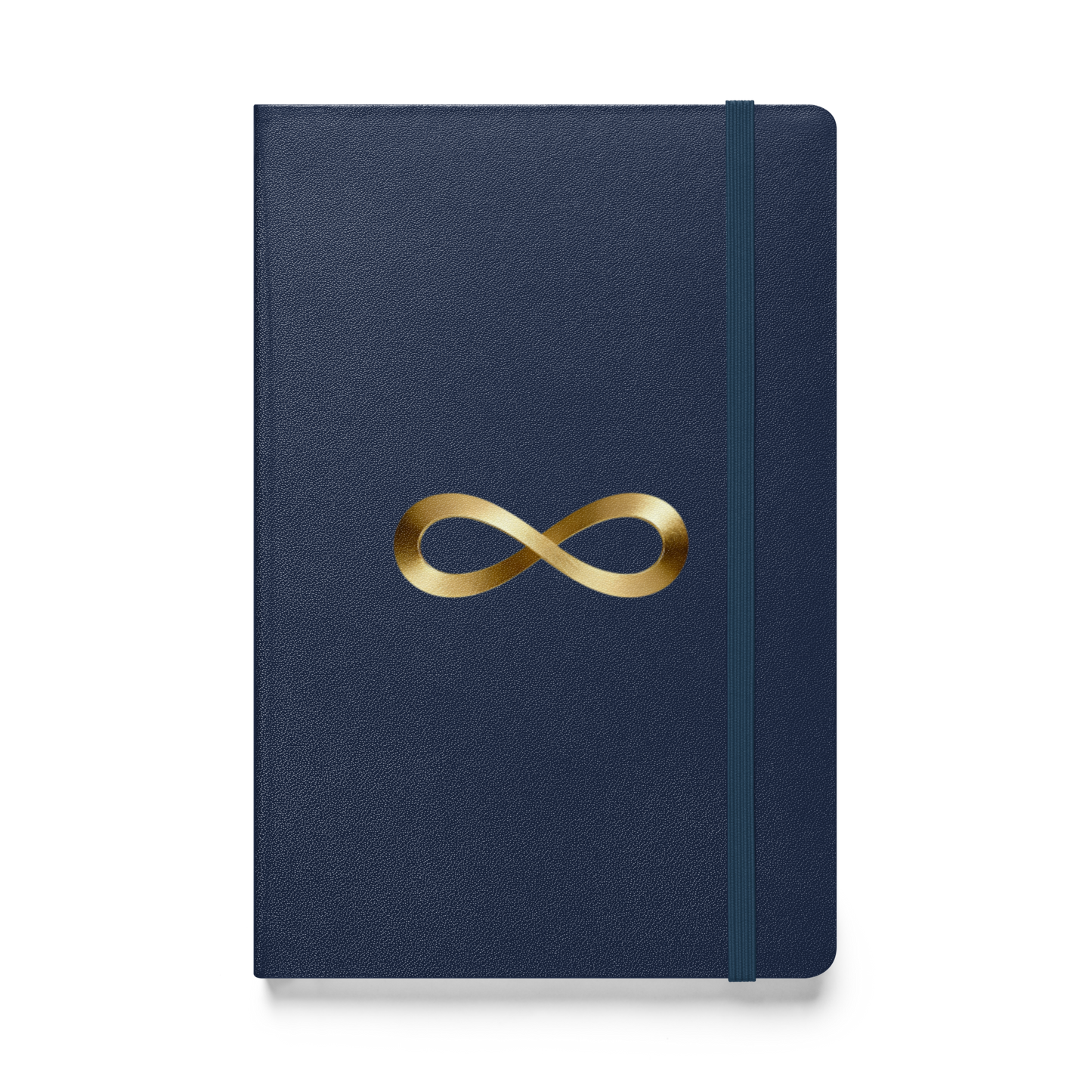 Hardcover Notizbuch mit Unendlichkeitszeichen in Goldoptik auf navyblauem Einband, Vorderseite als Produktmockup mit transparenter Darstellung.