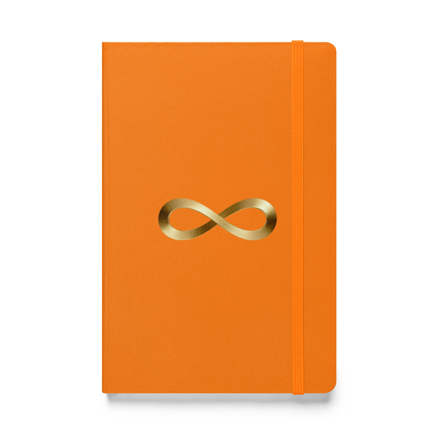 Hardcover Notizbuch mit Unendlichkeitszeichen in Goldoptik auf orangem Einband, Vorderseite als Produktmockup mit transparenter Darstellung.