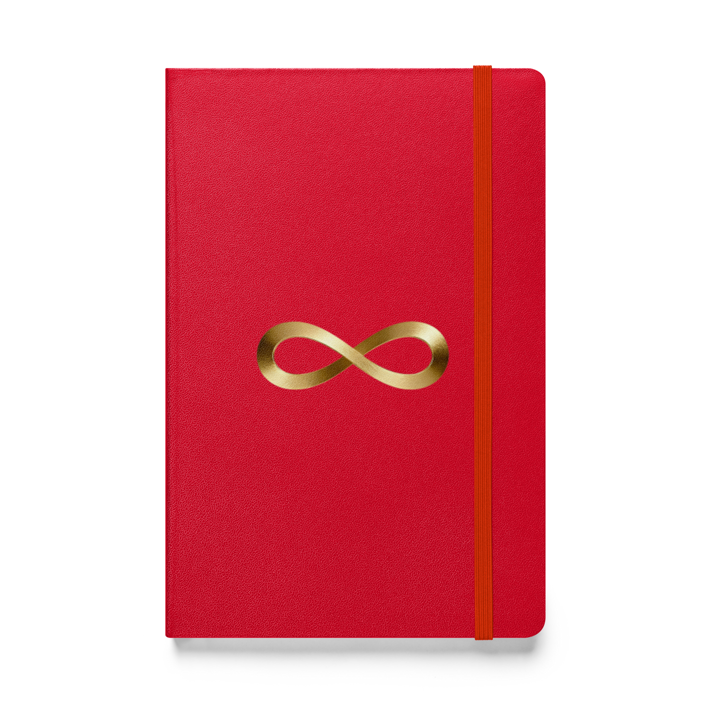 Hardcover Notizbuch mit Unendlichkeitszeichen in Goldoptik auf rotem Einband, Vorderseite als Produktmockup mit transparenter Darstellung.