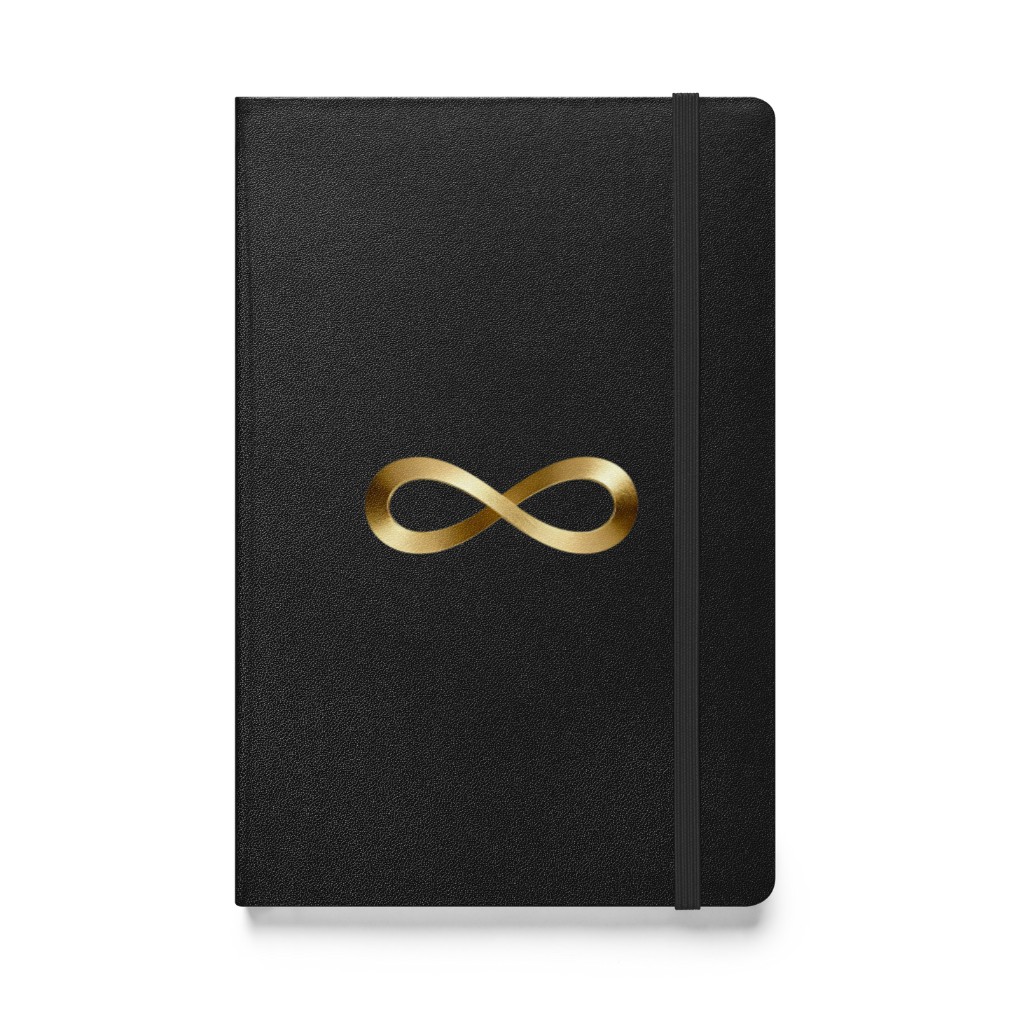 Hardcover Notizbuch mit Unendlichkeitszeichen in Goldoptik auf schwarzem Einband, Vorderseite als Produktmockup mit transparenter Darstellung.