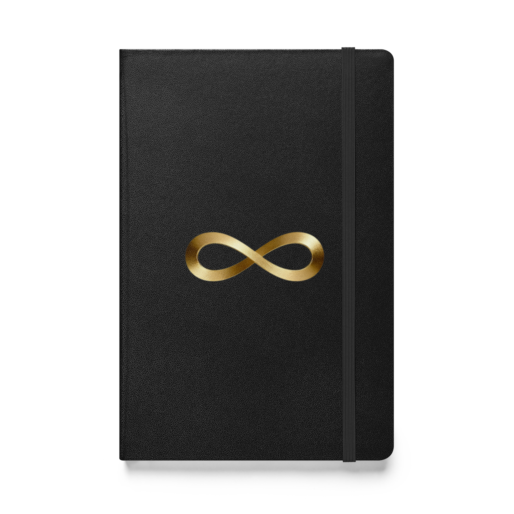 Hardcover Notizbuch mit Unendlichkeitszeichen in Goldoptik auf schwarzem Einband, Vorderseite als Produktmockup mit transparenter Darstellung.