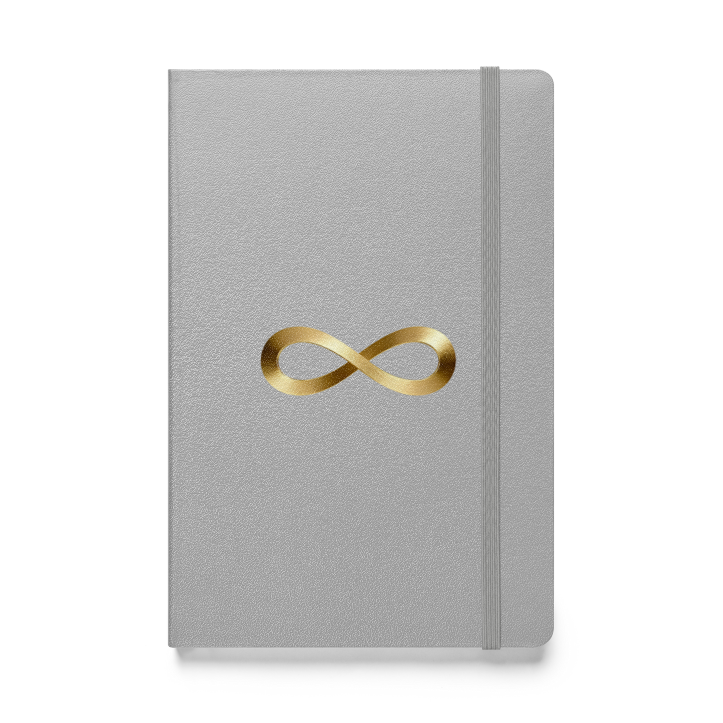 Hardcover Notizbuch mit Unendlichkeitszeichen in Goldoptik auf silberfarbenem Einband, Vorderseite als Produktmockup mit transparenter Darstellung.