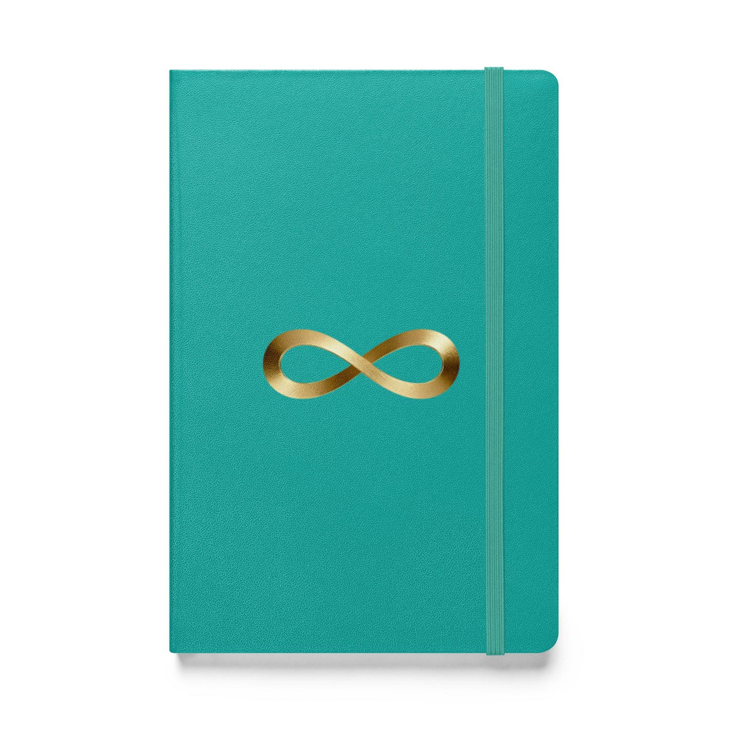 Hardcover Notizbuch mit Unendlichkeitszeichen in Goldoptik auf türkisfarbenem Einband, Vorderseite als Produktmockup mit transparenter Darstellung.