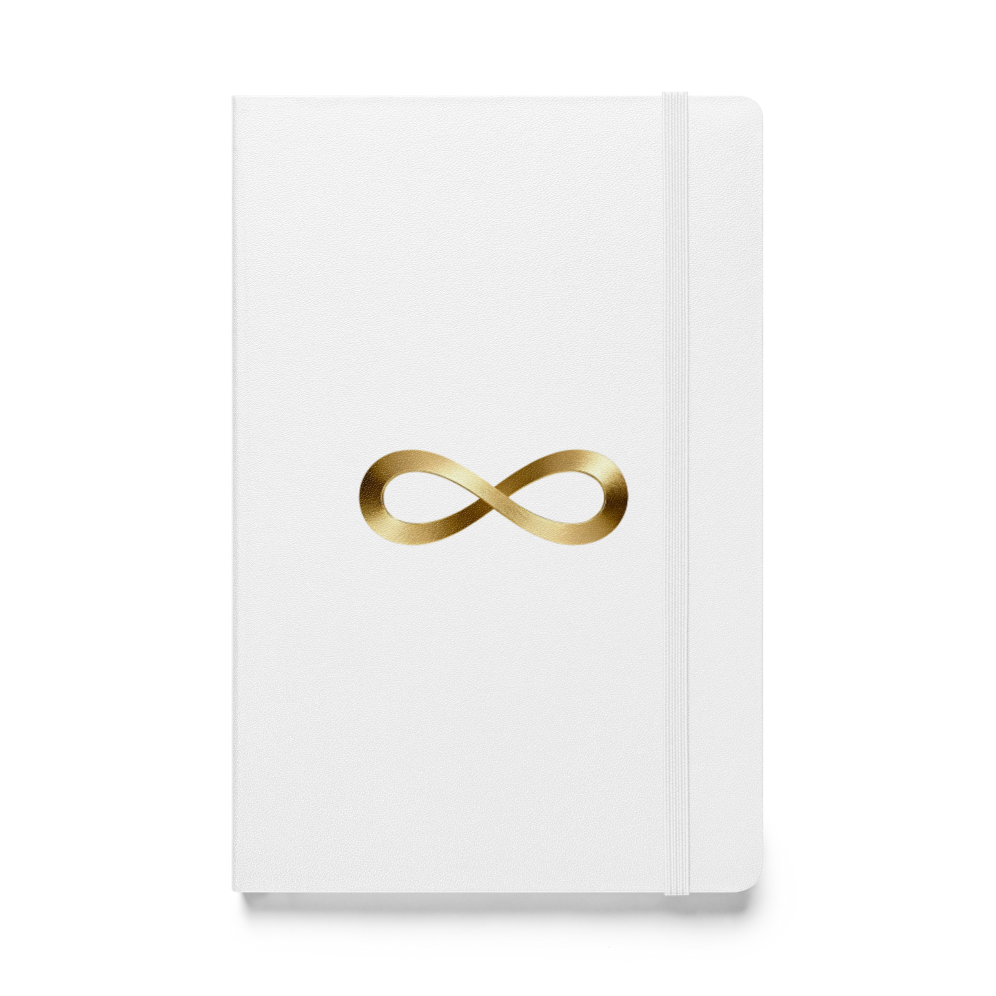 Hardcover Notizbuch mit Unendlichkeitszeichen in Goldoptik auf weißem Einband, Vorderseite als Produktmockup mit transparenter Darstellung.