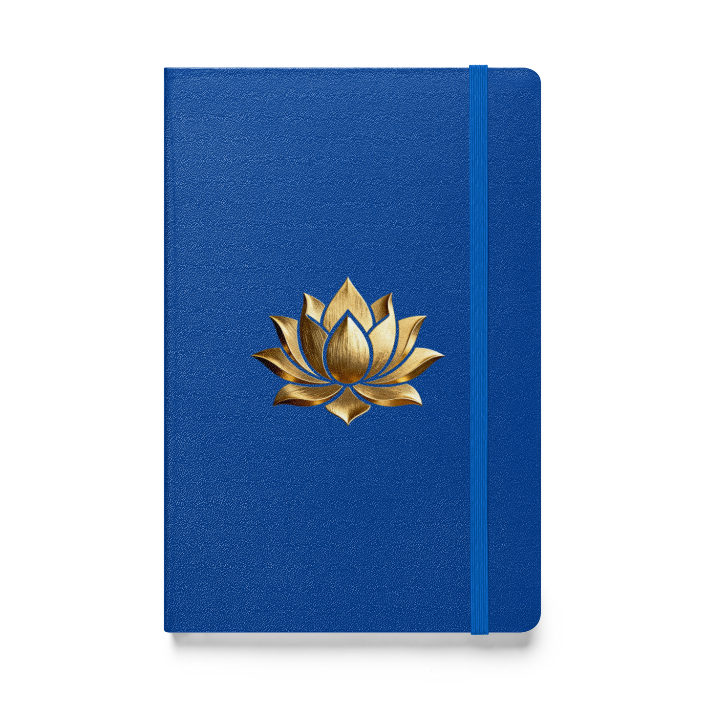 Hardcover Notizbuch mit goldener Lotusblüte auf kobaltblauem Einband in der Vorderansicht als Freisteller mit transparentem Hintergrund.