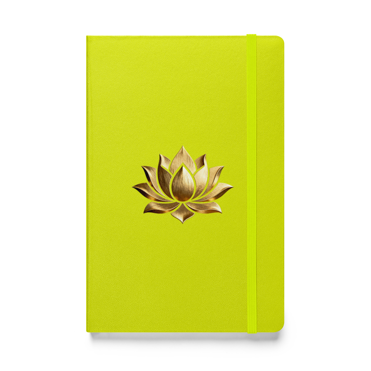 Hardcover Notizbuch mit goldener Lotusblüte auf limettengrünem Einband in der Vorderansicht als Freisteller mit transparentem Hintergrund.