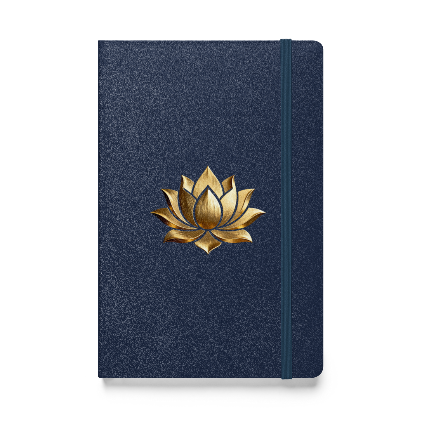 Hardcover Notizbuch mit goldener Lotusblüte auf navyblauem Einband in der Vorderansicht als Freisteller mit transparentem Hintergrund.