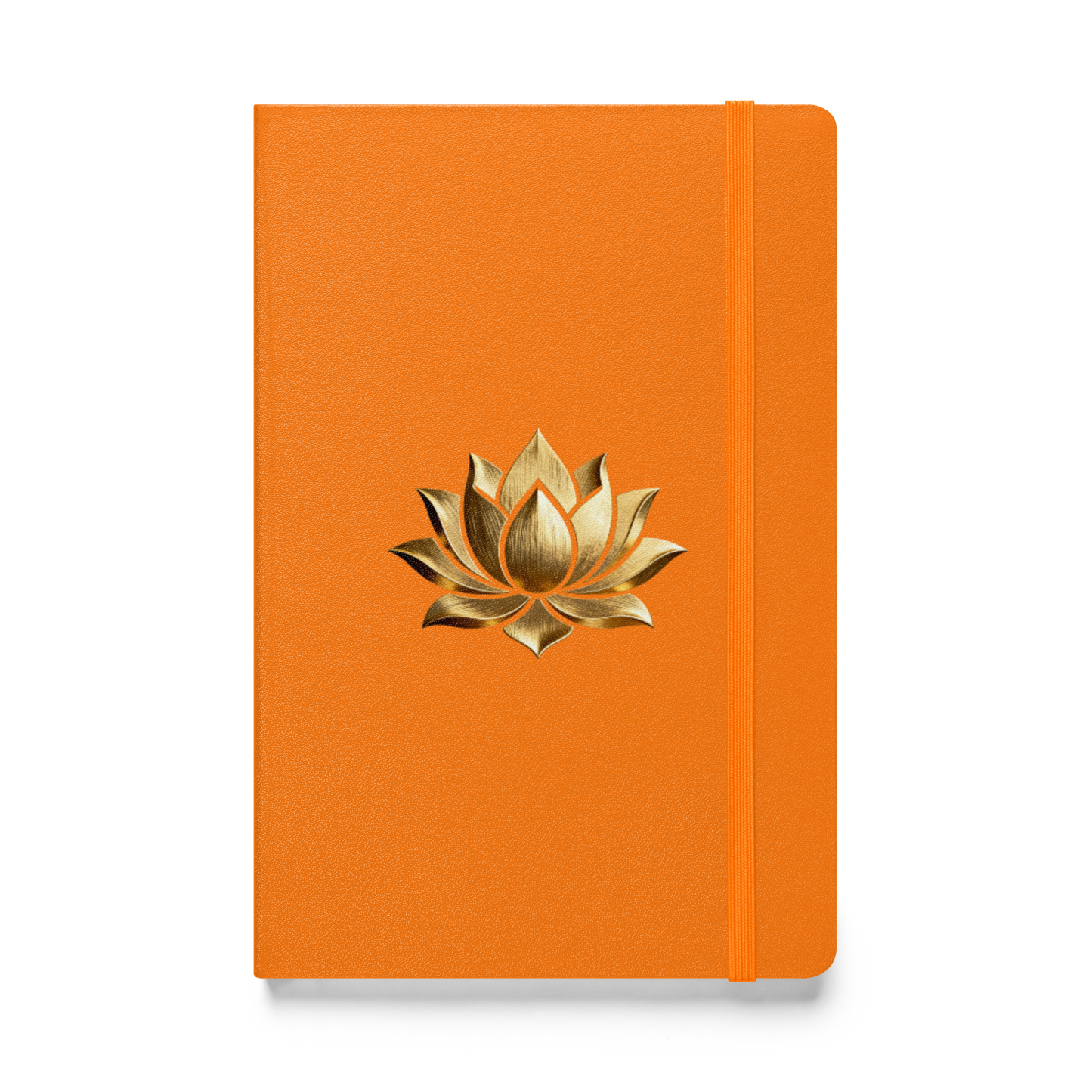Hardcover Notizbuch mit goldener Lotusblüte auf orangem Einband in der Vorderansicht als Freisteller mit transparentem Hintergrund.