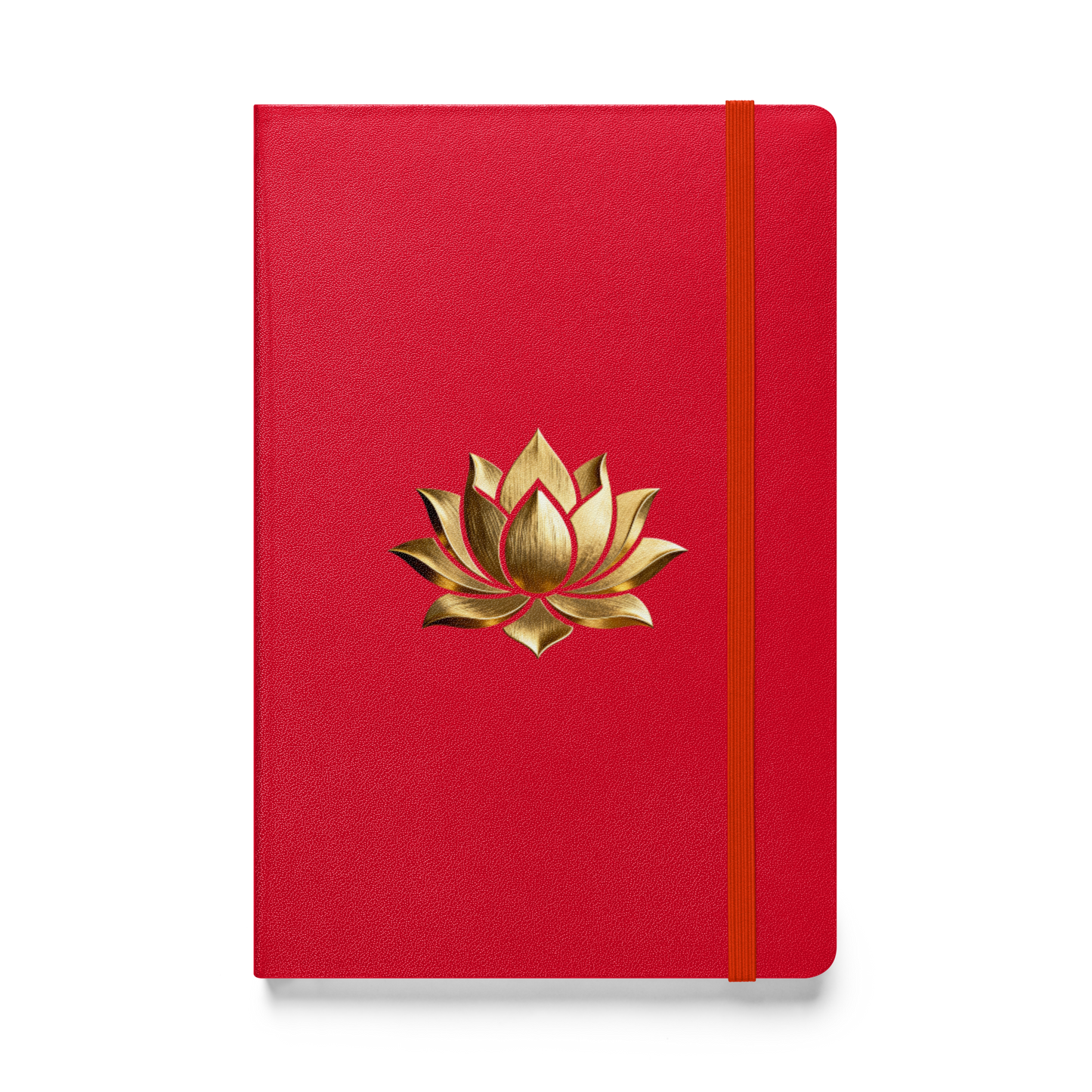 Hardcover Notizbuch mit goldener Lotusblüte auf rotem Einband in der Vorderansicht als Freisteller mit transparentem Hintergrund.