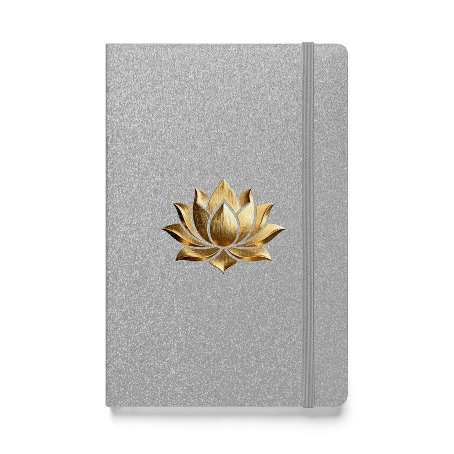 Hardcover Notizbuch mit goldener Lotusblüte auf silberfarbenem Einband in der Vorderansicht als Freisteller mit transparentem Hintergrund.