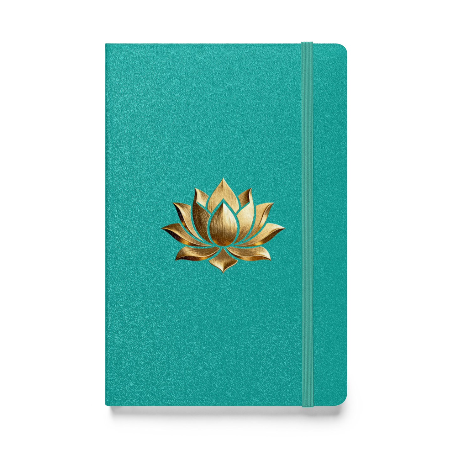 Hardcover Notizbuch mit goldener Lotusblüte auf türkisfarbenem Einband in der Vorderansicht als Freisteller mit transparentem Hintergrund.