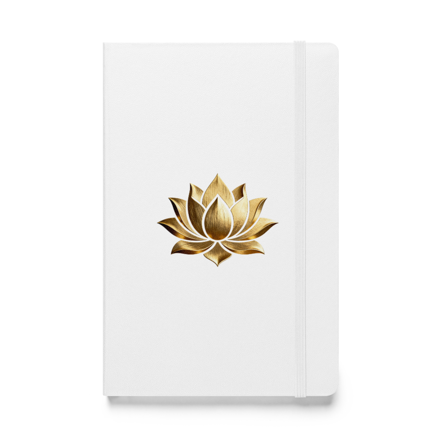 Hardcover Notizbuch mit goldener Lotusblüte auf weißem Einband in der Vorderansicht als Freisteller mit transparentem Hintergrund.