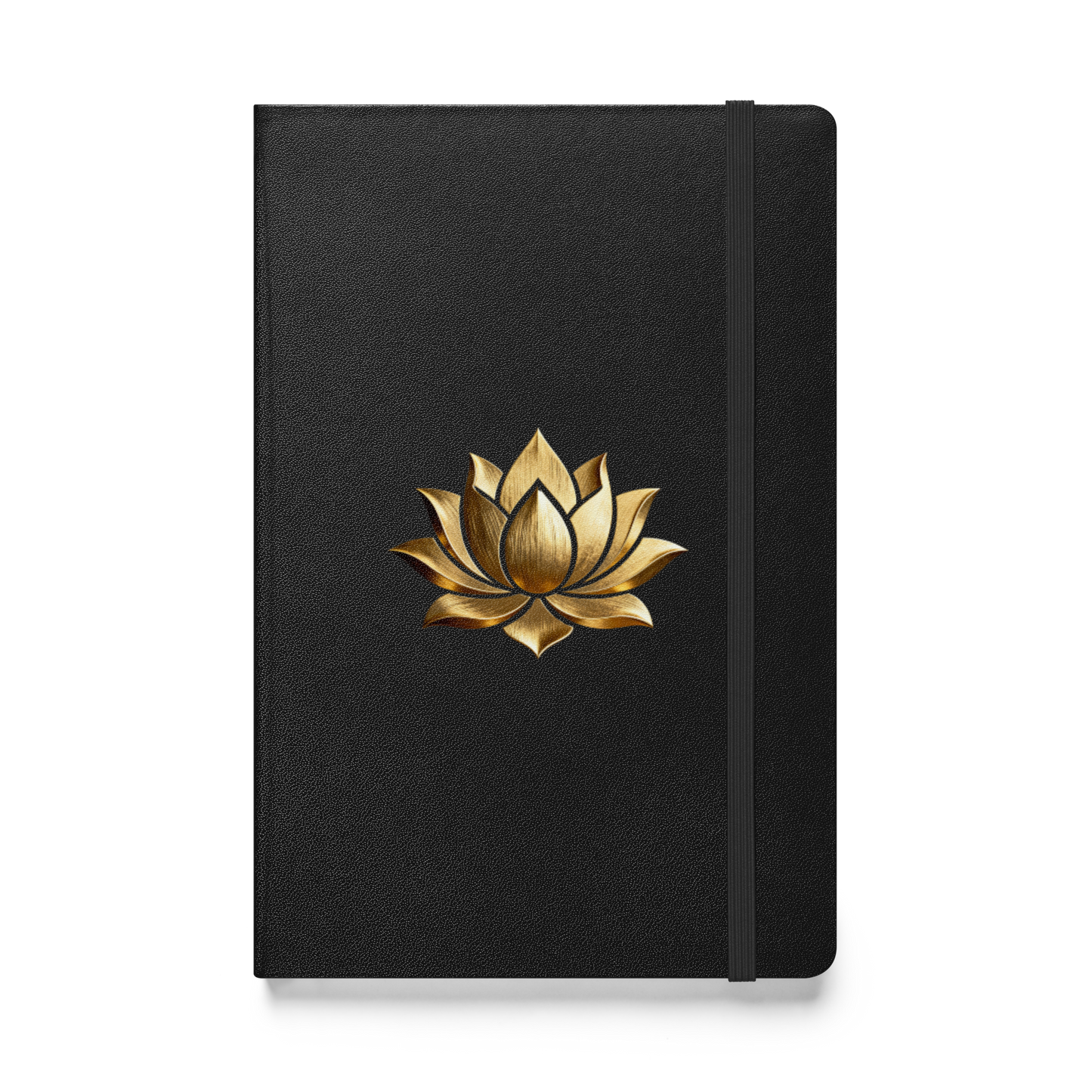 Hardcover Notizbuch mit goldener Lotusblüte auf schwarzem Einband in der Vorderansicht als Freisteller mit transparentem Hintergrund.