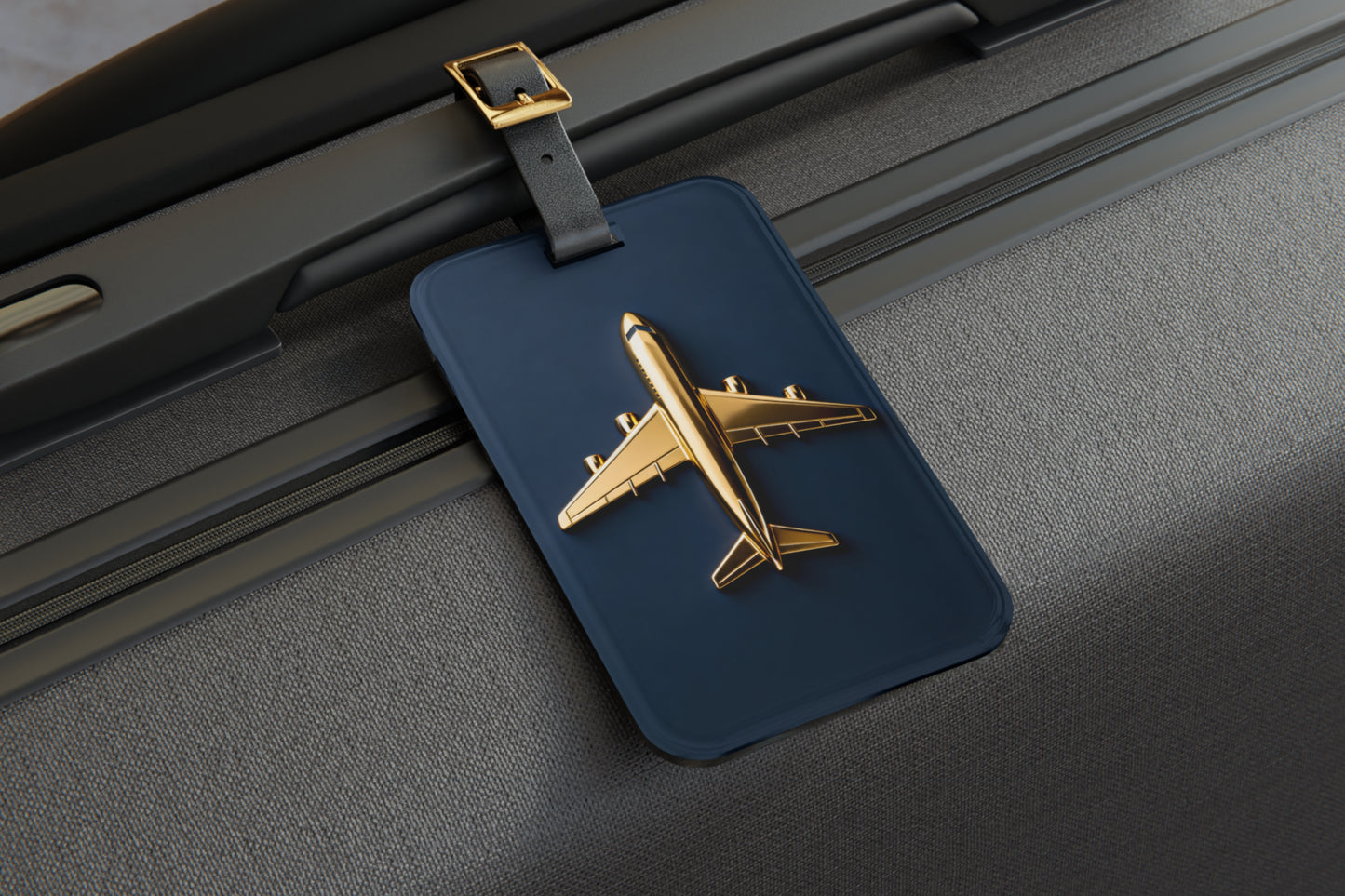 Kofferanhänger mit goldenem Flugzeugsymbol auf mitternachtsblauem Hintergrund, befestigt an einem modernen Reisekoffer. Elegantes Reiseaccessoire der Midnight Gold Collection für stilvolle Reisen.